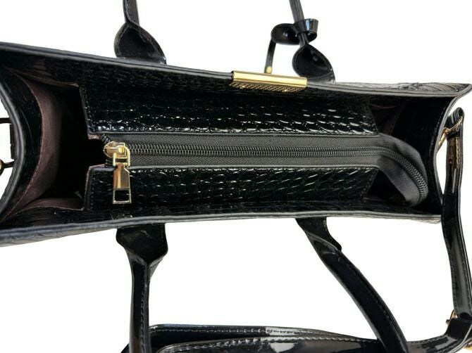 クロコ型押し大容量エナメルトートバッグ（ブラック）