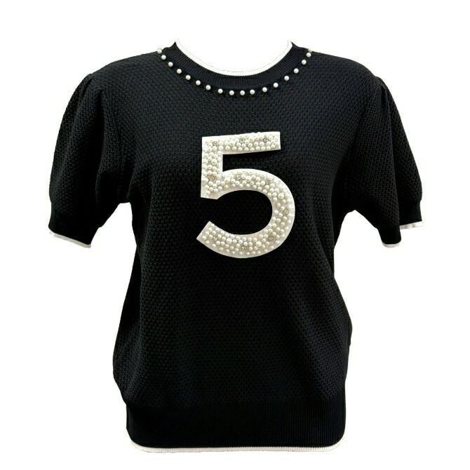 No.5パール使い半袖トップス（ブラック）