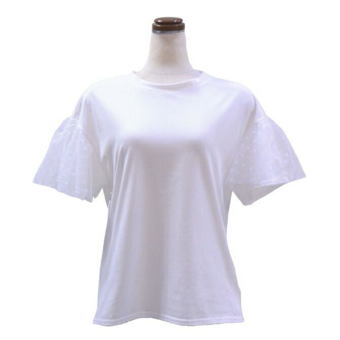 袖チュールレース重ねＴシャツ（ホワイト）