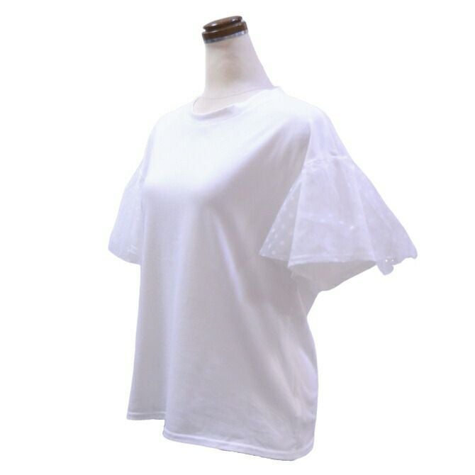 袖チュールレース重ねＴシャツ（ホワイト）